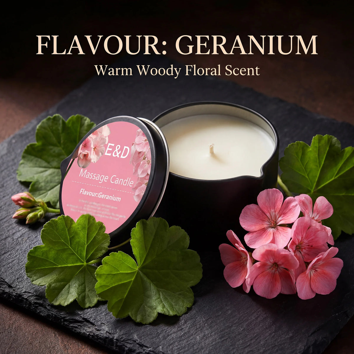 Geranium Massage Oil Candle 2oz, Body Massage Candle Melts Into Warm Body Oil, Moisturizing Aromatherapy Home Spa