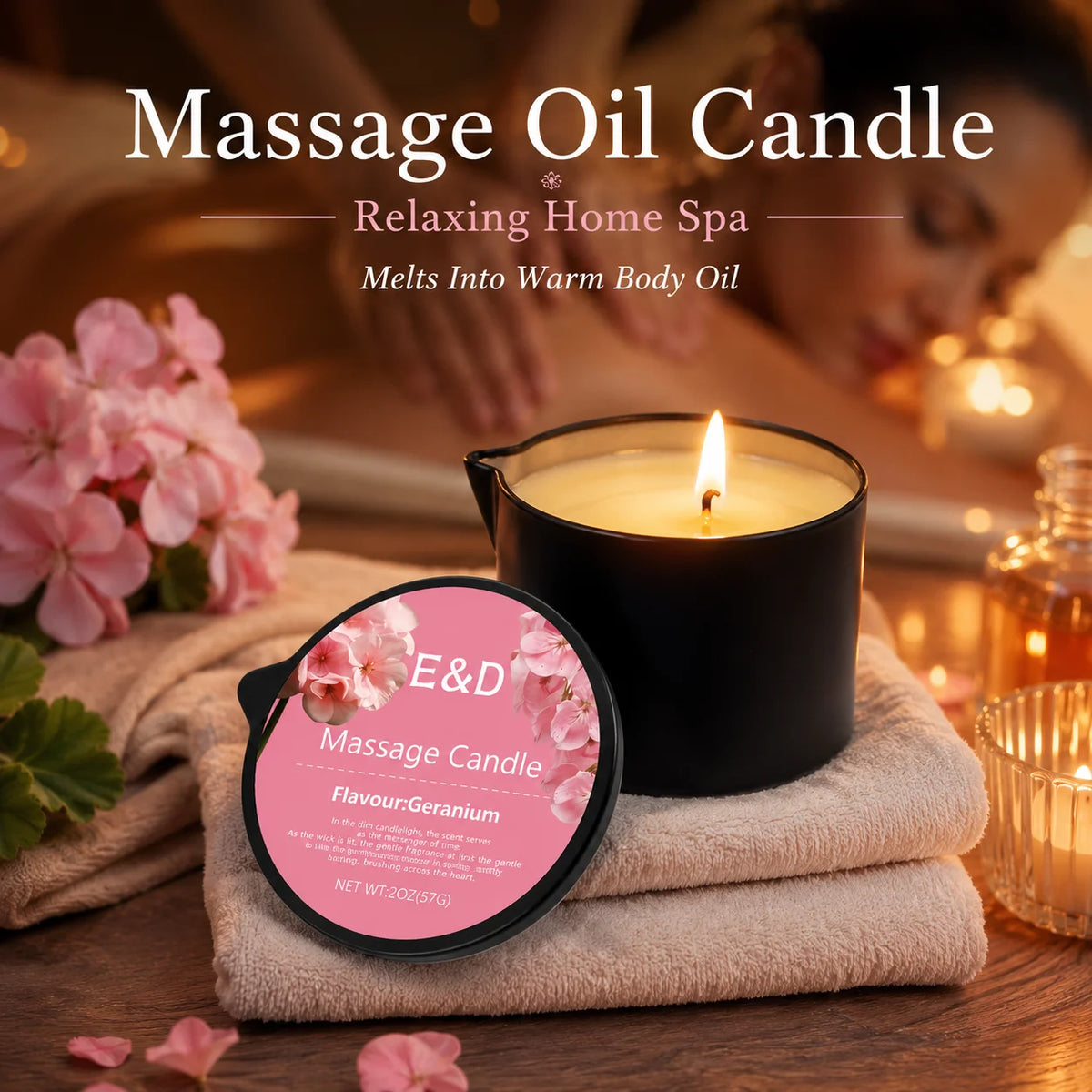 Geranium Massage Oil Candle 2oz, Body Massage Candle Melts Into Warm Body Oil, Moisturizing Aromatherapy Home Spa