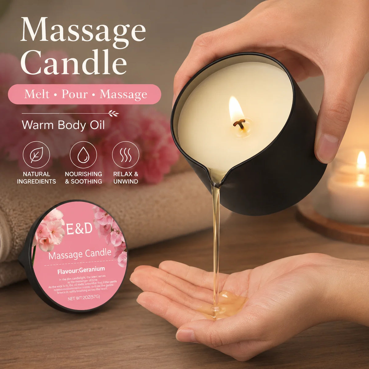 Geranium Massage Oil Candle 2oz, Body Massage Candle Melts Into Warm Body Oil, Moisturizing Aromatherapy Home Spa