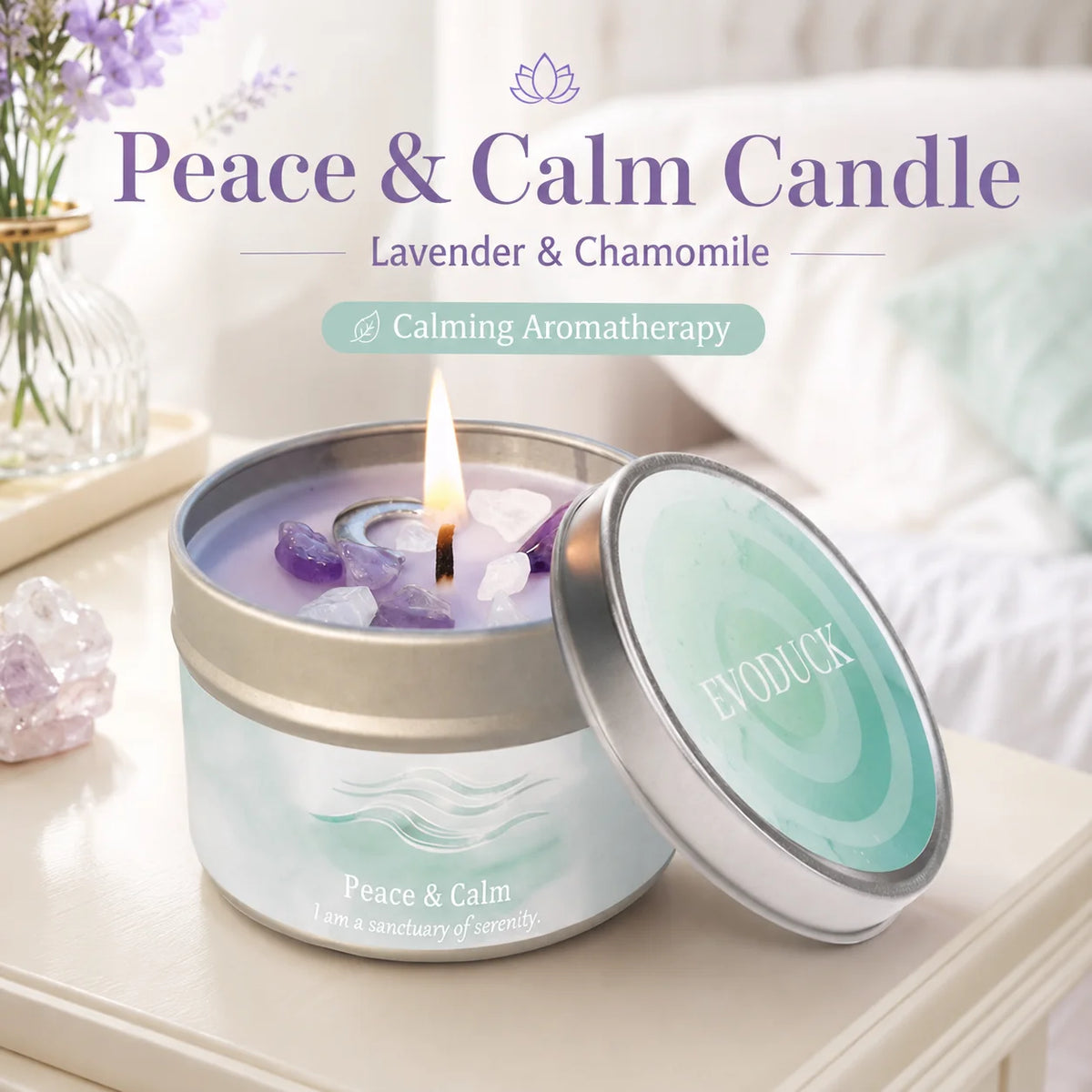 Lavender Chamomile Crystal Scented Candle Peace Calm Aromatherapy Candle Meditation Relaxation Room Decor 3oz Tin