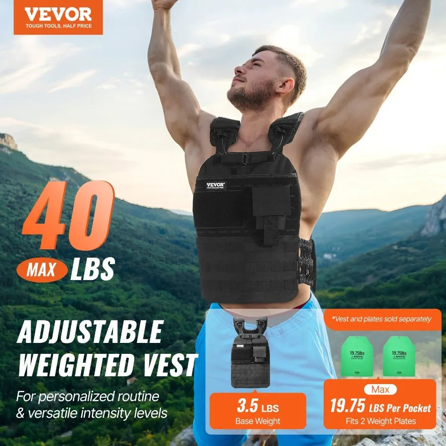 40lb Adjustable Weighted Vest for Men Women Black Fitness Training Jacket for Strength Endurance Running Jogging Walking Workout
