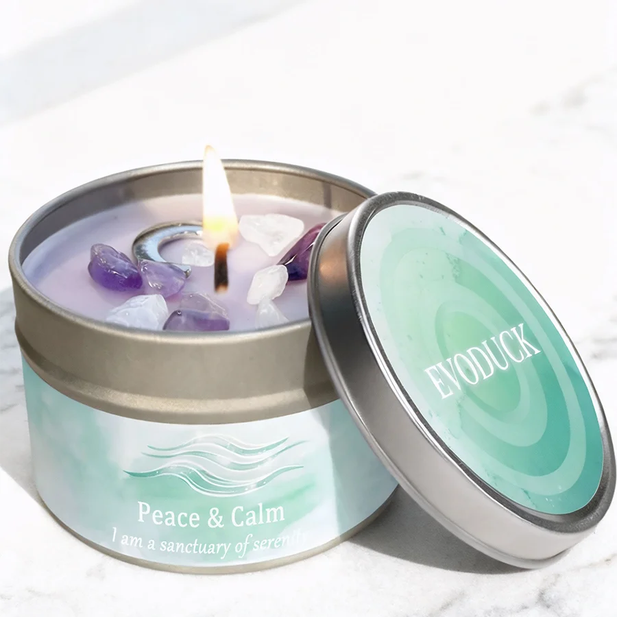 Lavender Chamomile Crystal Scented Candle Peace Calm Aromatherapy Candle Meditation Relaxation Room Decor 3oz Tin