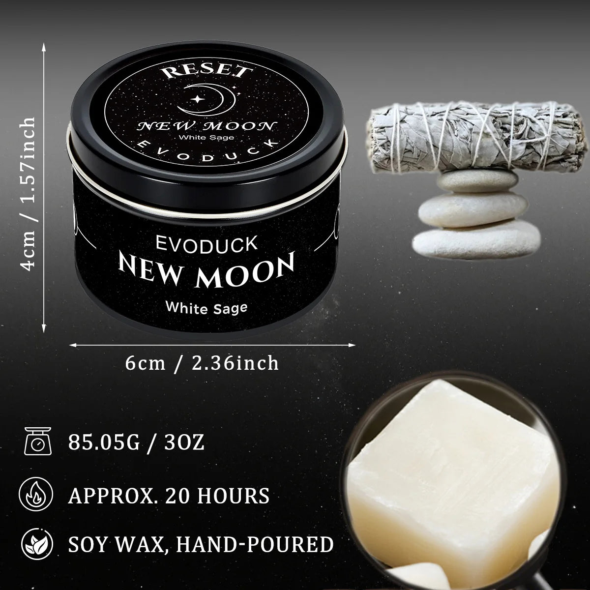1pc EVODUCK New Moon Scented Candles 3oz Energy Boosting White Sage Scented Candle