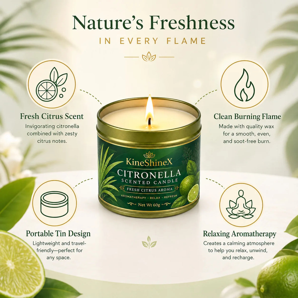 Citronella Scented Candle 60g–Fresh Citrus Aroma, Aromatherapy Relaxation, Up to 15H Burn Time, Clean Soot-Free for Indoor Outdoor