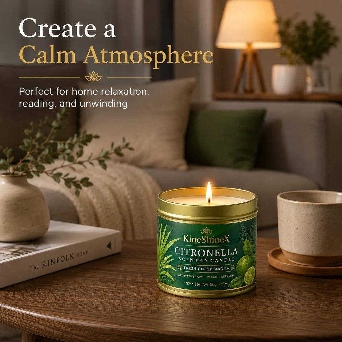 Citronella Scented Candle 60g–Fresh Citrus Aroma, Aromatherapy Relaxation, Up to 15H Burn Time, Clean Soot-Free for Indoor Outdoor