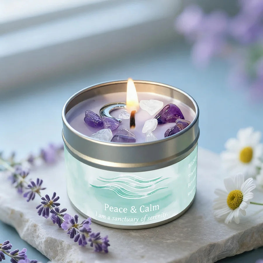 Lavender Chamomile Crystal Scented Candle Peace Calm Aromatherapy Candle Meditation Relaxation Room Decor 3oz Tin