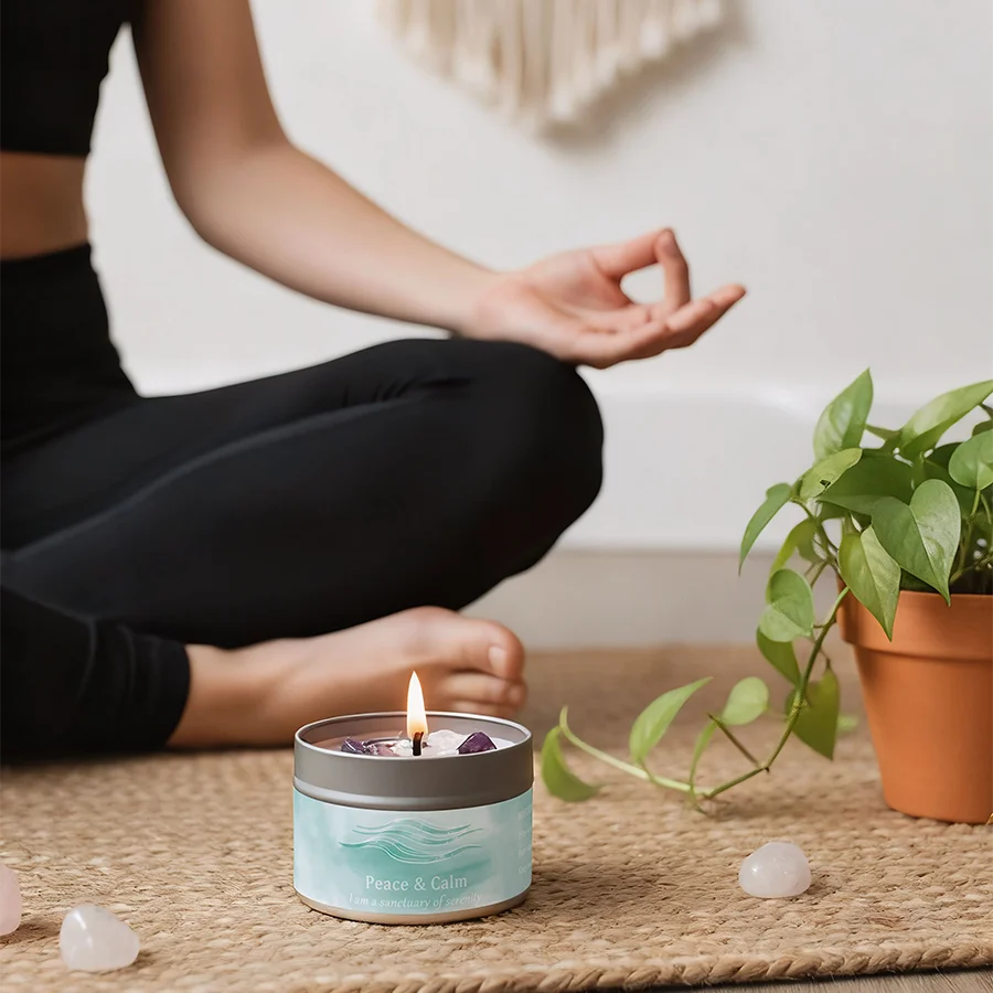 Lavender Chamomile Crystal Scented Candle Peace Calm Aromatherapy Candle Meditation Relaxation Room Decor 3oz Tin